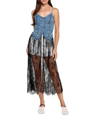 Denim, Lace & Pearl Zip Strap Zip Vest with Lace Tulle Skirt 🔥